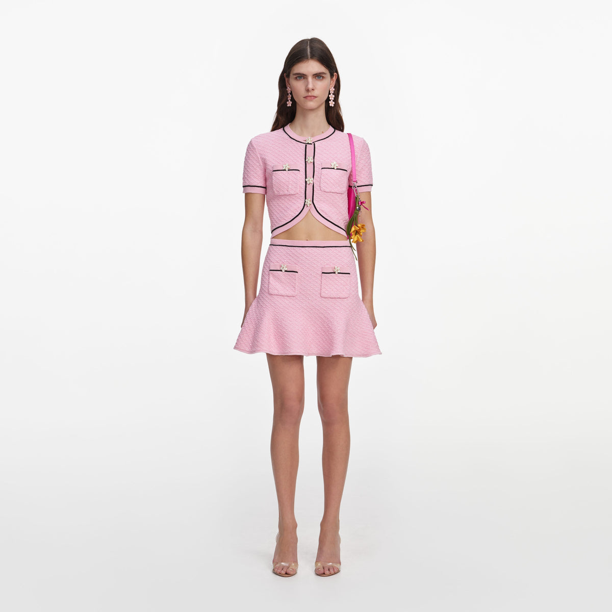 Pembe Çiçek Düğmeli Triko Mini Etek