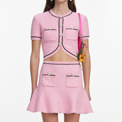 Pembe Çiçek Düğmeli Triko Mini Etek