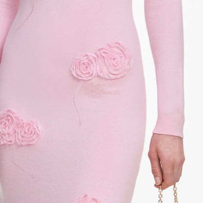 Pembe Çiçek Detaylı Triko Midi Elbise