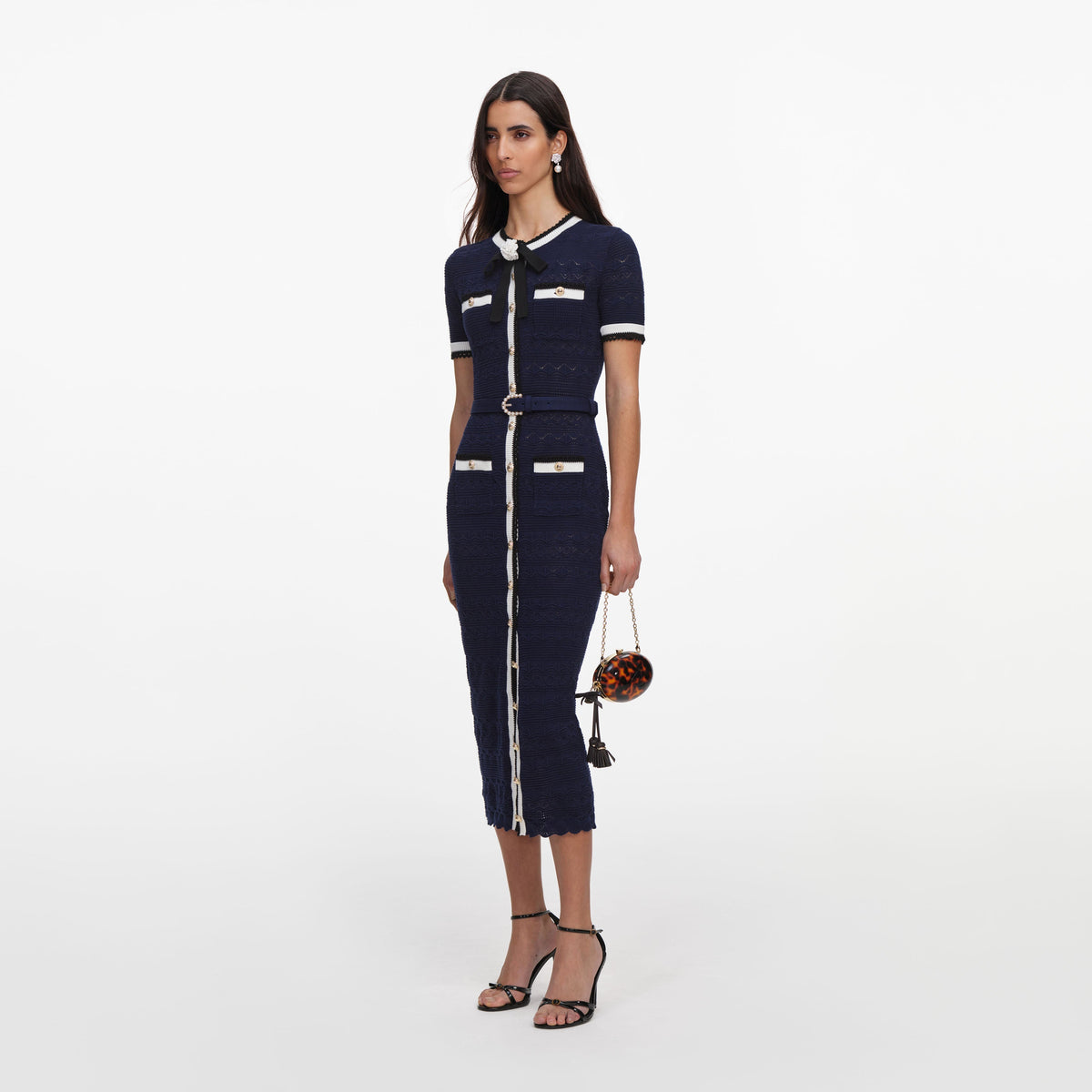 Lacivert Ajurlu Triko Midi Elbise