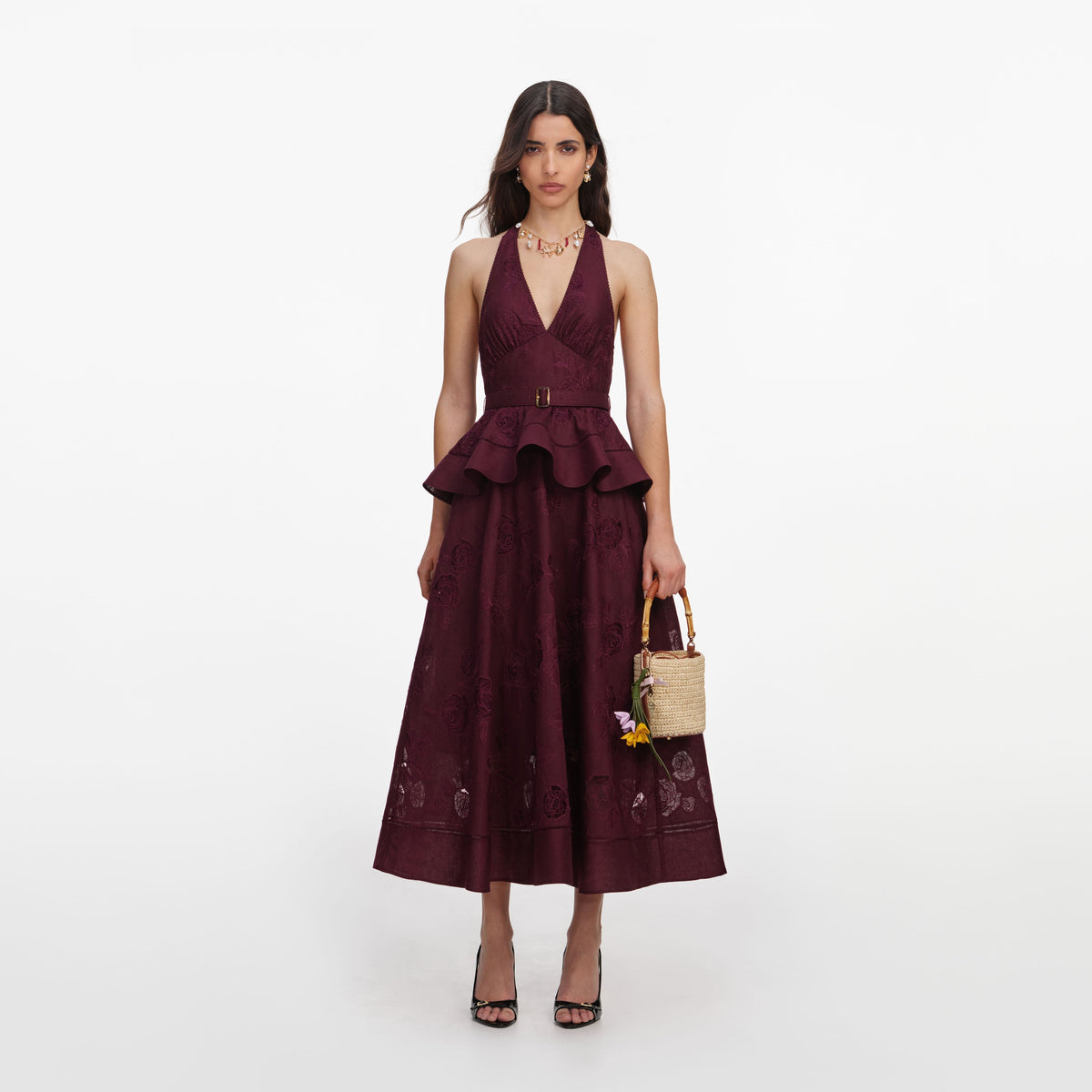 Mürdüm Keten Karışımlı ve Peplum Detaylı Midi Elbise