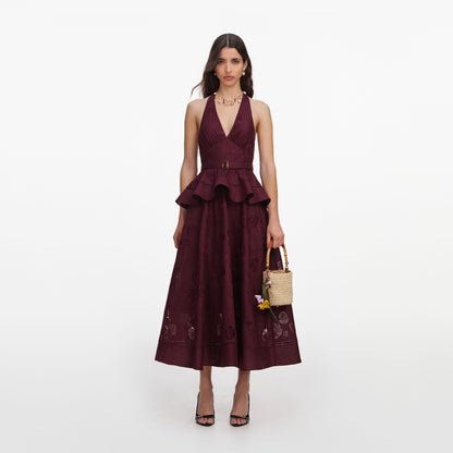 Mürdüm Keten Karışımlı ve Peplum Detaylı Midi Elbise