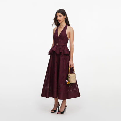 Mürdüm Keten Karışımlı ve Peplum Detaylı Midi Elbise