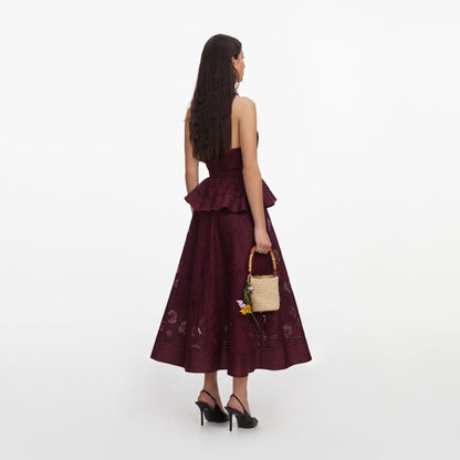 Mürdüm Keten Karışımlı ve Peplum Detaylı Midi Elbise