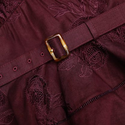 Mürdüm Keten Karışımlı ve Peplum Detaylı Midi Elbise