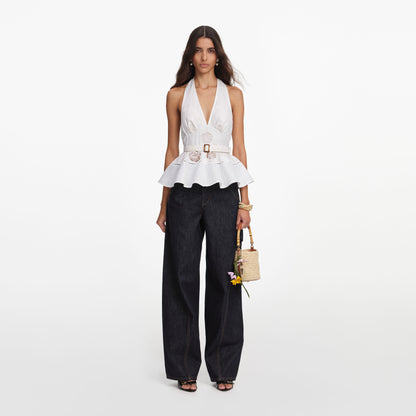 Beyaz Keten Karışımlı Peplum Üst