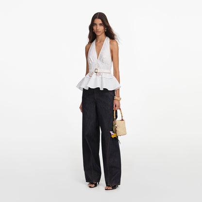 Beyaz Keten Karışımlı Peplum Üst