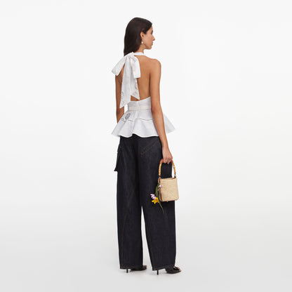 Beyaz Keten Karışımlı Peplum Üst