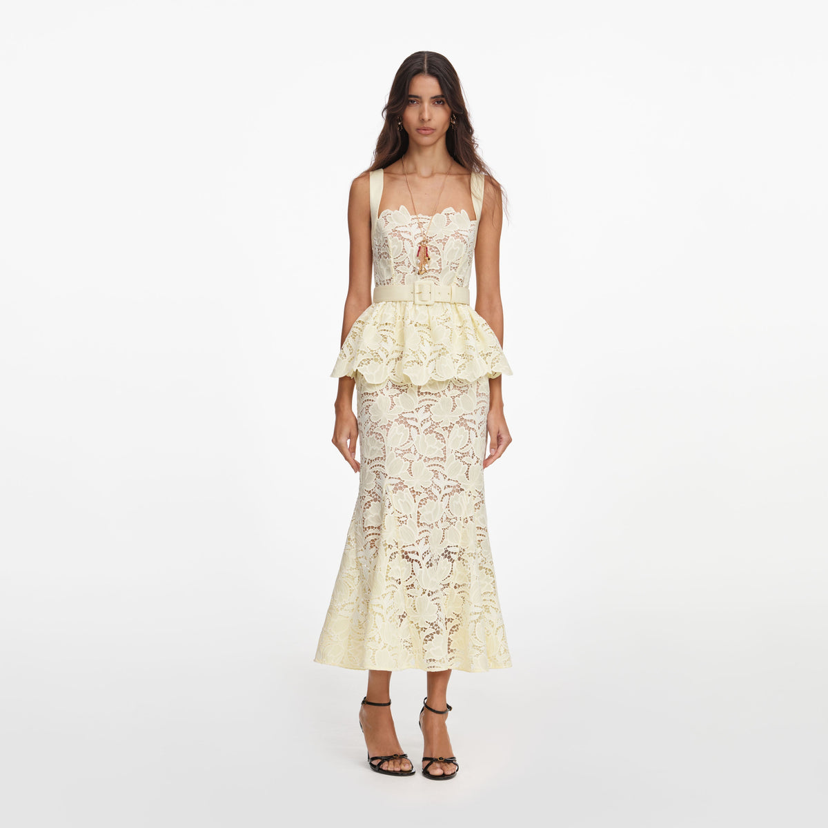 Sarı Peplum Detaylı Dantel Midi Elbise