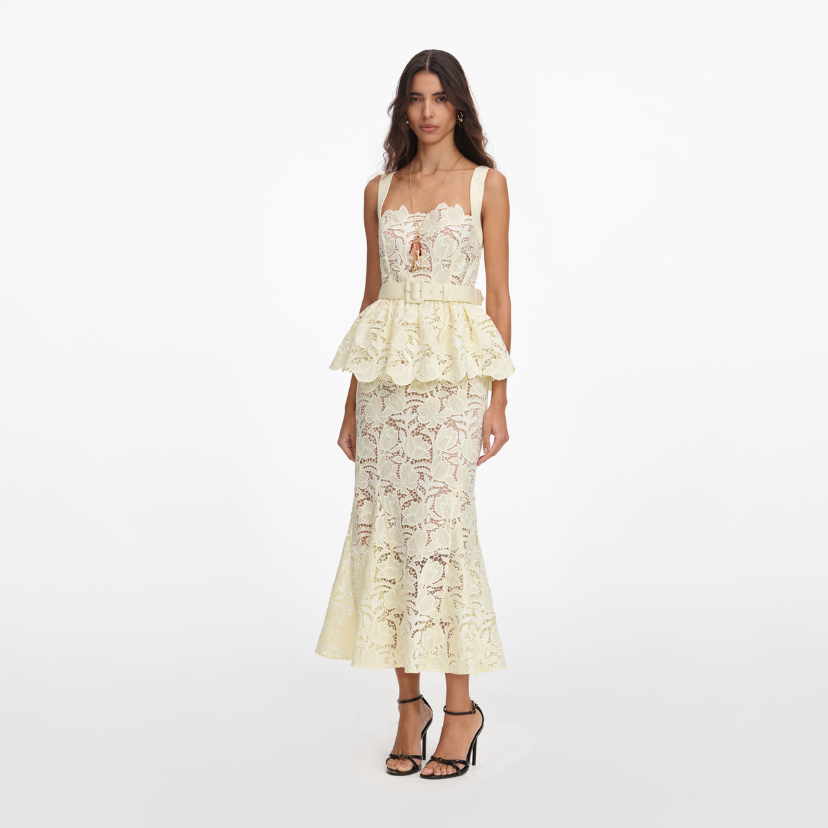 Sarı Peplum Detaylı Dantel Midi Elbise