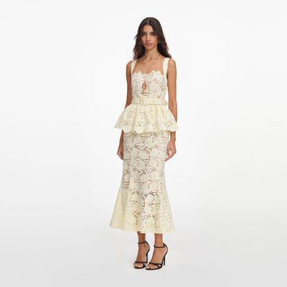 Sarı Peplum Detaylı Dantel Midi Elbise