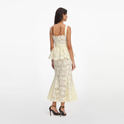 Sarı Peplum Detaylı Dantel Midi Elbise