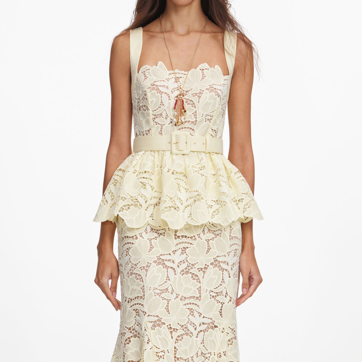 Sarı Peplum Detaylı Dantel Midi Elbise