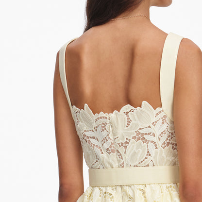 Sarı Peplum Detaylı Dantel Midi Elbise