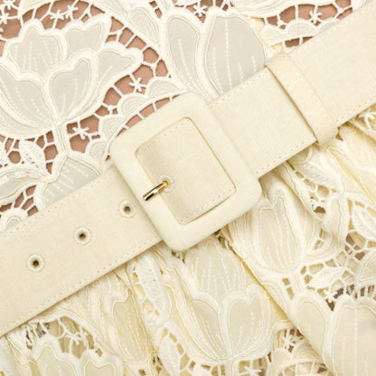 Sarı Peplum Detaylı Dantel Midi Elbise