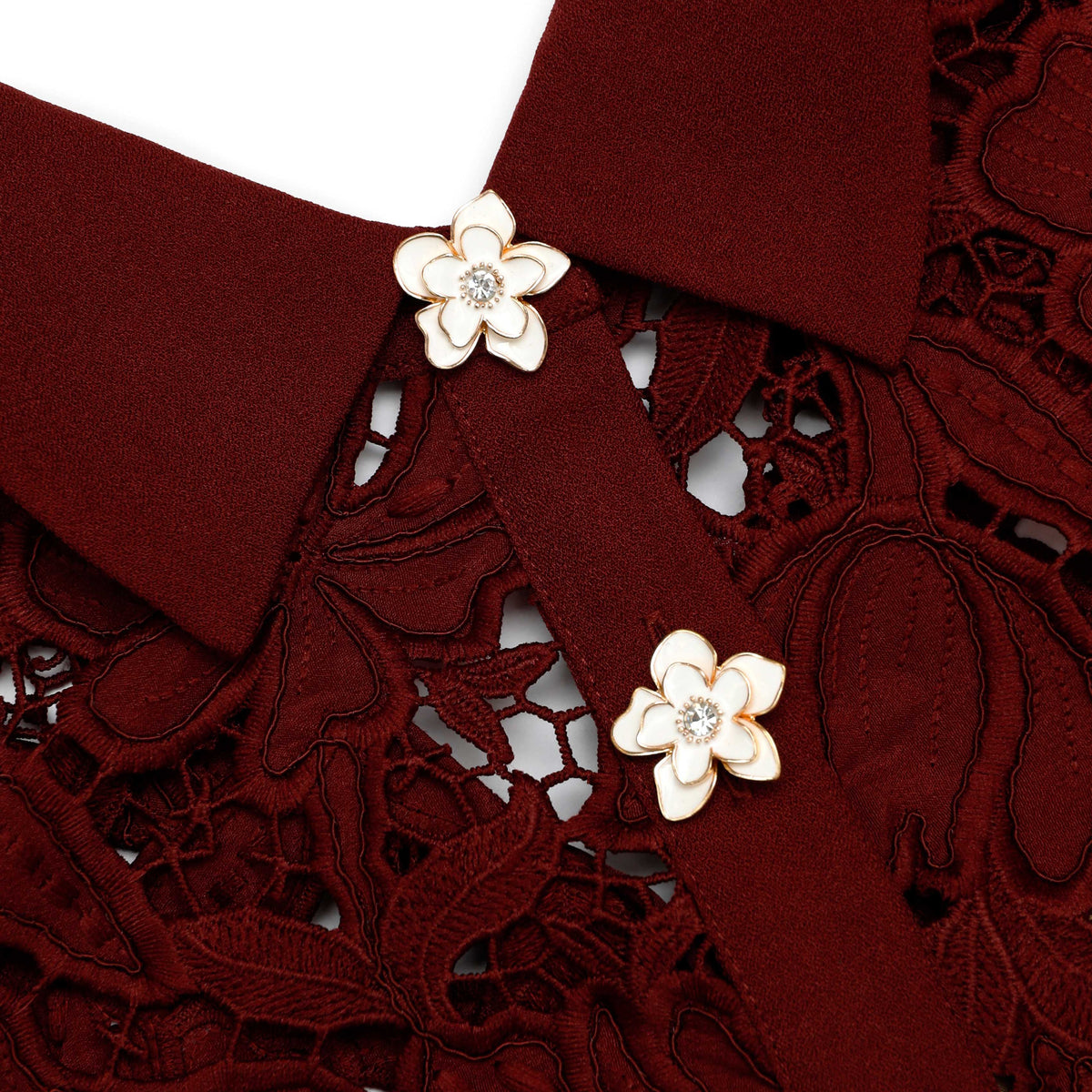 Bordo Dantel ve Çiçek Düğme Detaylı Mini Elbise