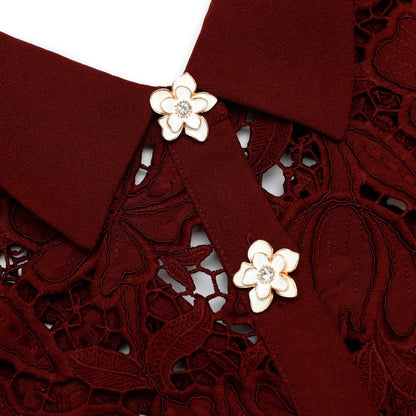 Bordo Dantel ve Çiçek Düğme Detaylı Mini Elbise