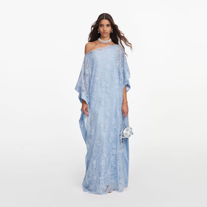 Mavi Dantel İşleme Detaylı Kaftan Elbise