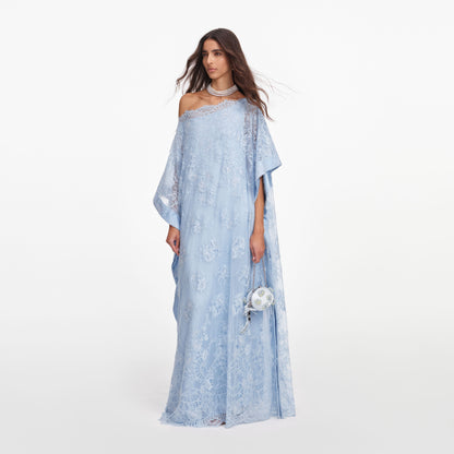 Mavi Dantel İşleme Detaylı Kaftan Elbise
