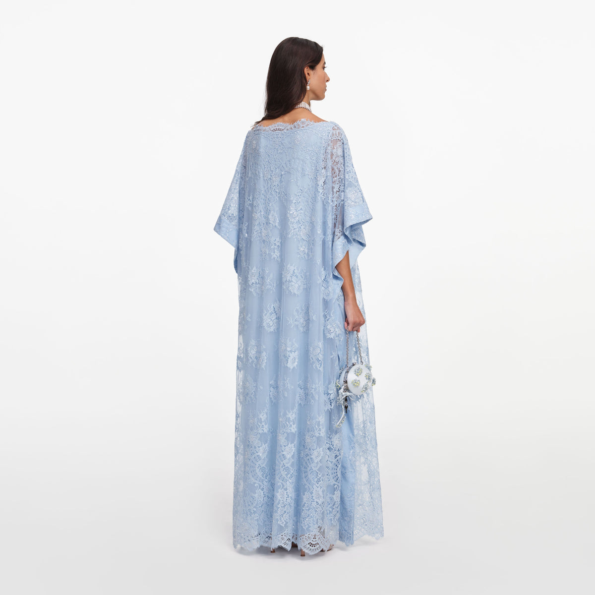 Mavi Dantel İşleme Detaylı Kaftan Elbise