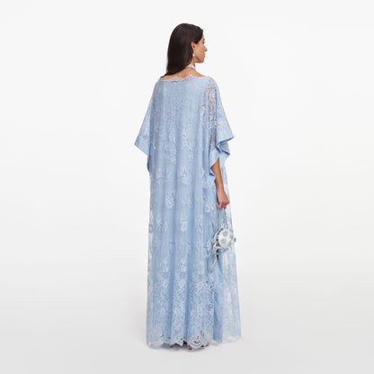 Mavi Dantel İşleme Detaylı Kaftan Elbise