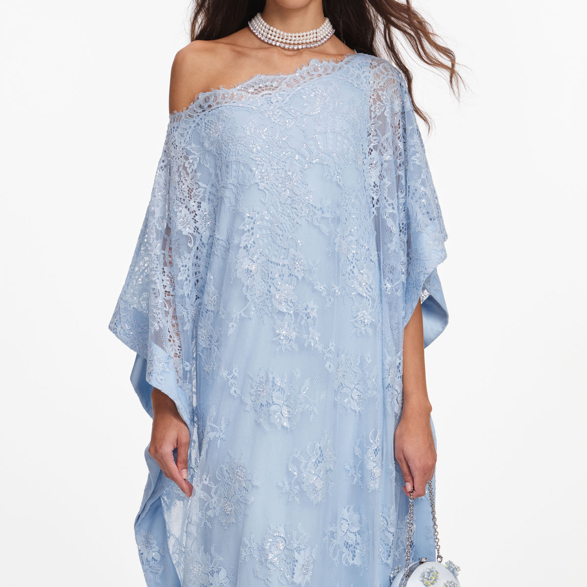 Mavi Dantel İşleme Detaylı Kaftan Elbise