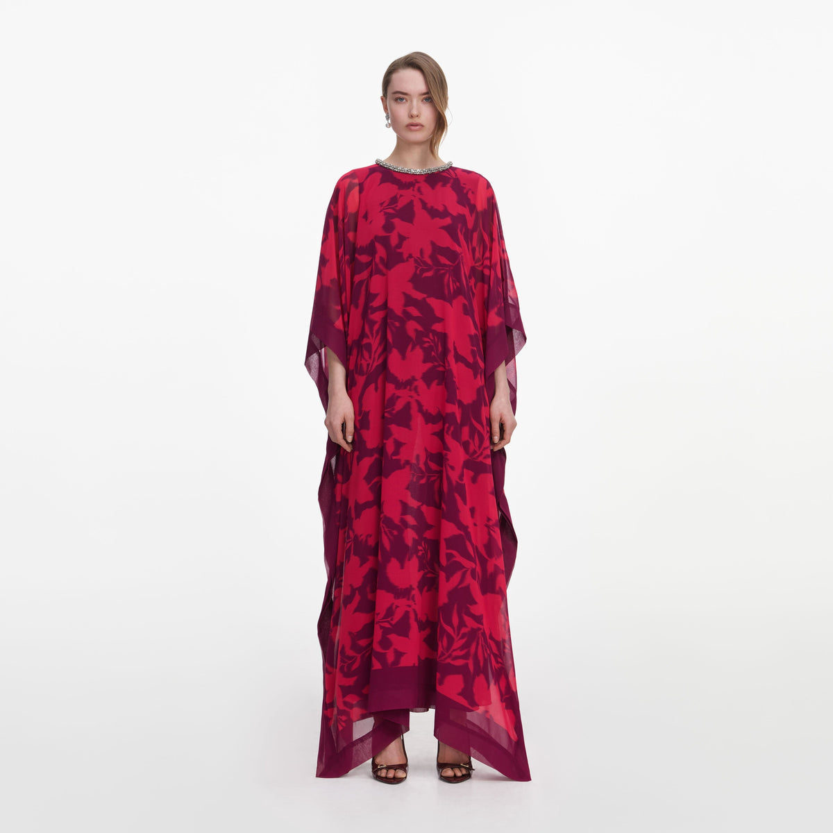 Pembe Çiçek Desenli Dökümlü Kaftan Elbise
