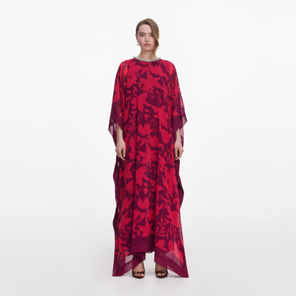 Pembe Çiçek Desenli Dökümlü Kaftan Elbise