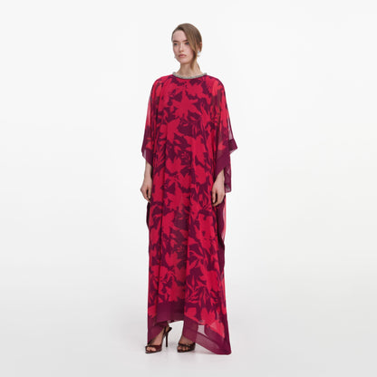 Pembe Çiçek Desenli Dökümlü Kaftan Elbise