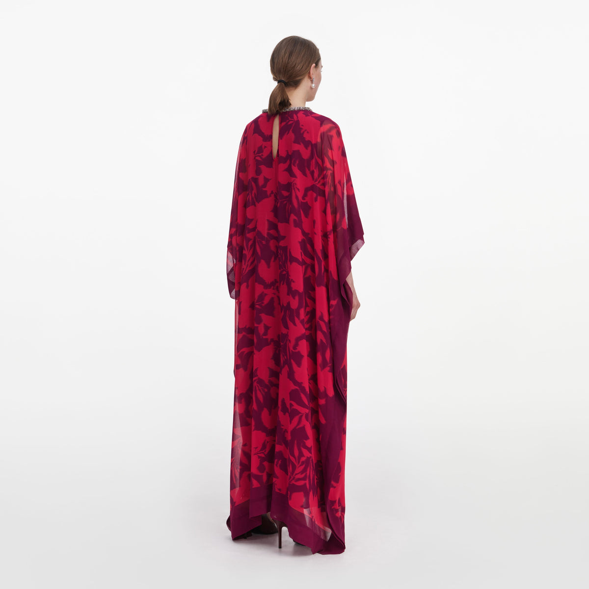 Pembe Çiçek Desenli Dökümlü Kaftan Elbise