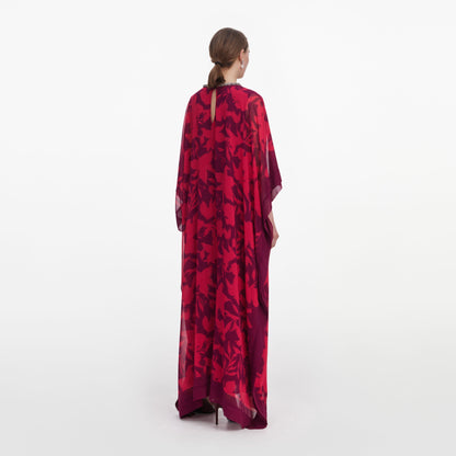 Pembe Çiçek Desenli Dökümlü Kaftan Elbise