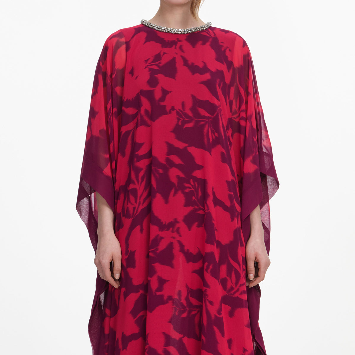 Pembe Çiçek Desenli Dökümlü Kaftan Elbise
