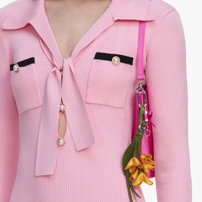Pembe Viskon Triko Bağcıklı Mini Elbise