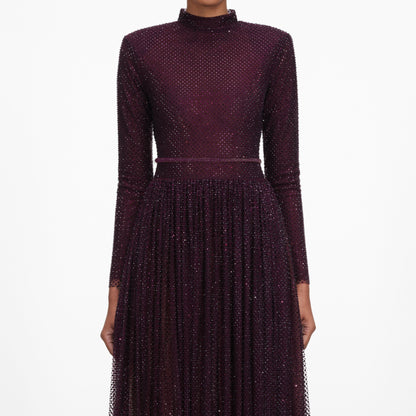 Burgundy Rhinestone Long Sleeve Maxi Dress