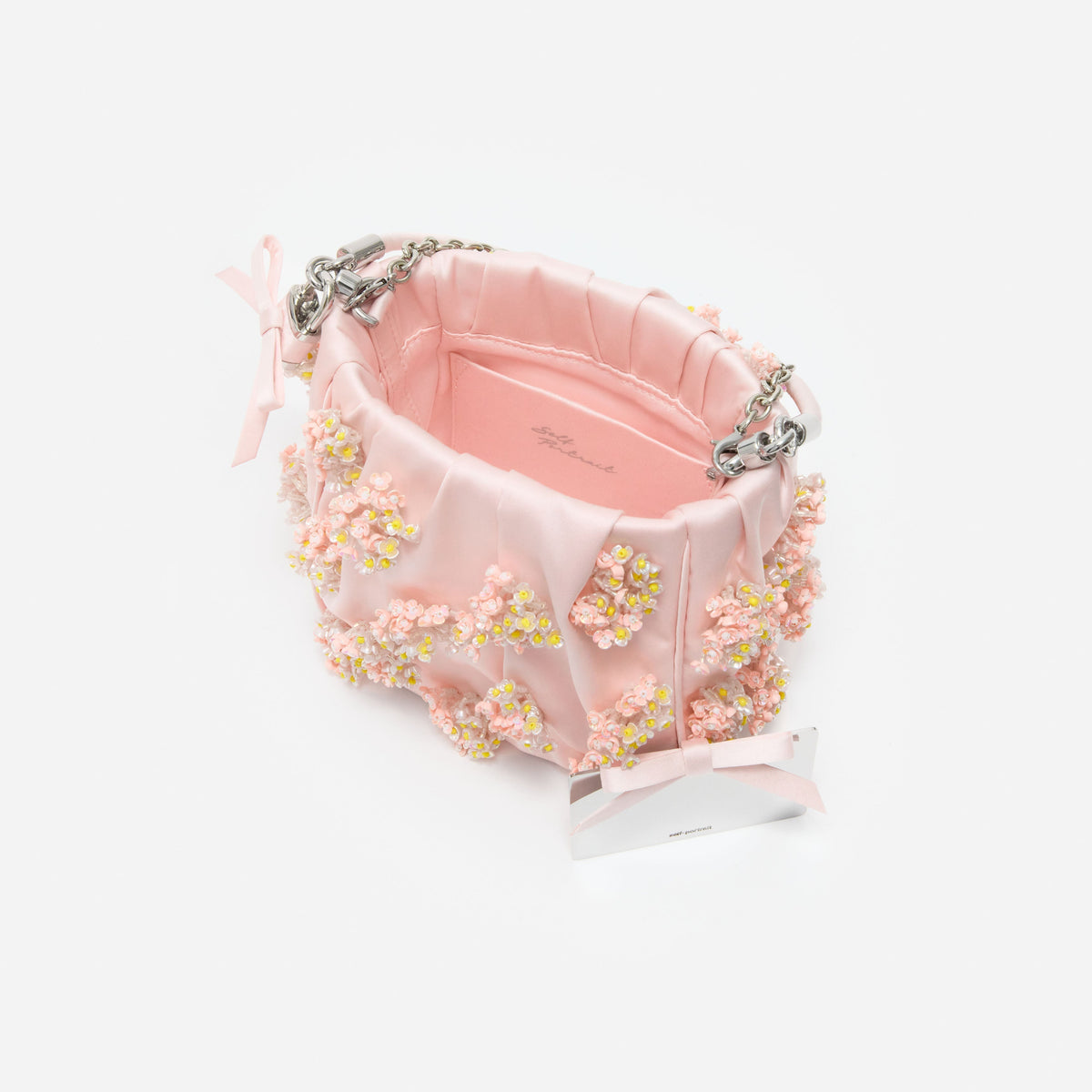 Pembe Çiçek ve Boncuk İşlemeli Saten El Çantası