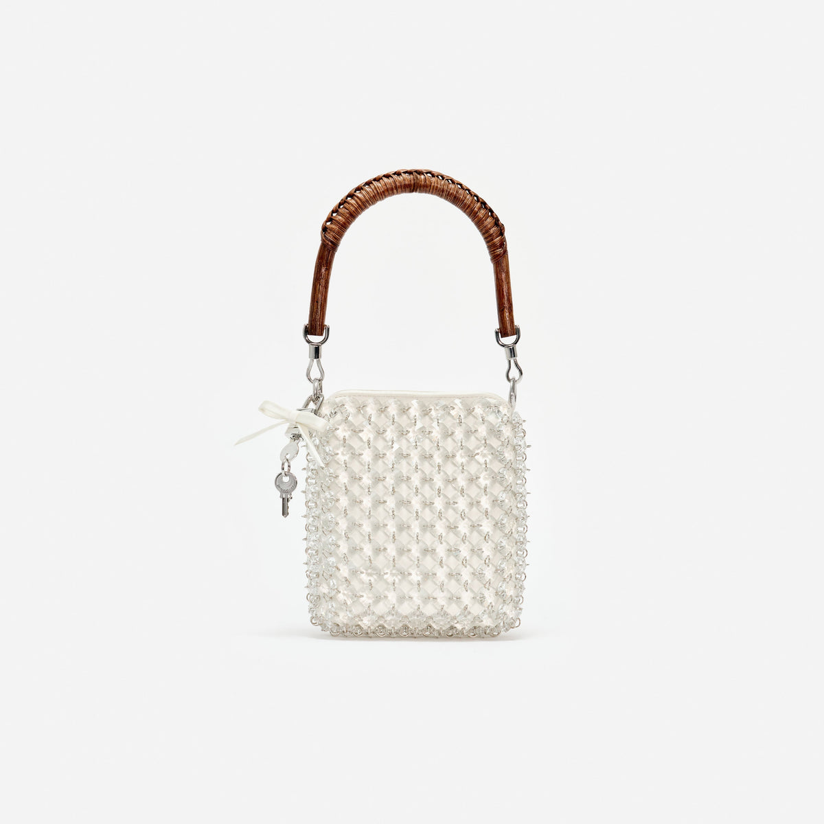 Krem Kristal Zincir Mini Tote Çanta
