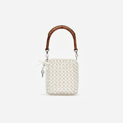 Krem Kristal Zincir Mini Tote Çanta