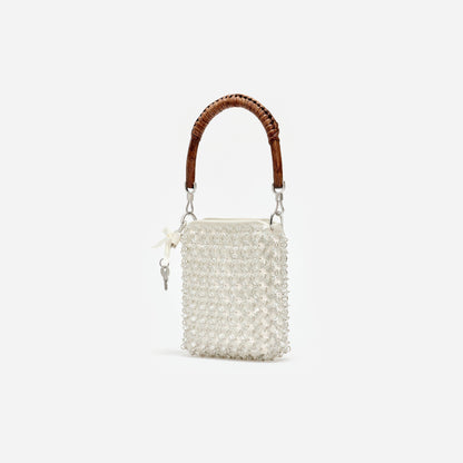 Krem Kristal Zincir Mini Tote Çanta