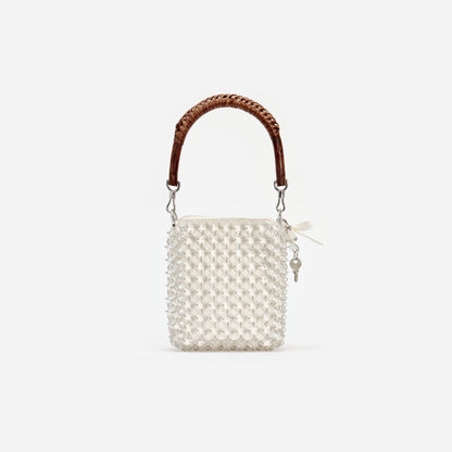 Krem Kristal Zincir Mini Tote Çanta