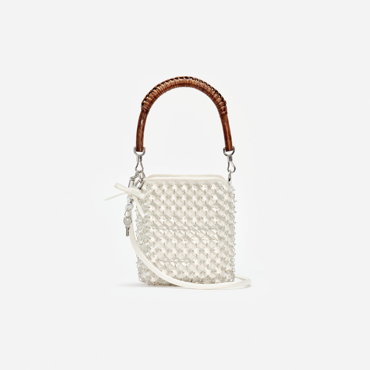 Krem Kristal Zincir Mini Tote Çanta