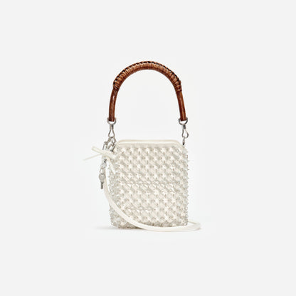 Krem Kristal Zincir Mini Tote Çanta