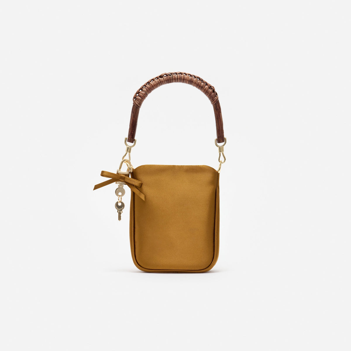 Altın Rengi Saten Kristal Fiyonklu Mini Tote Çanta