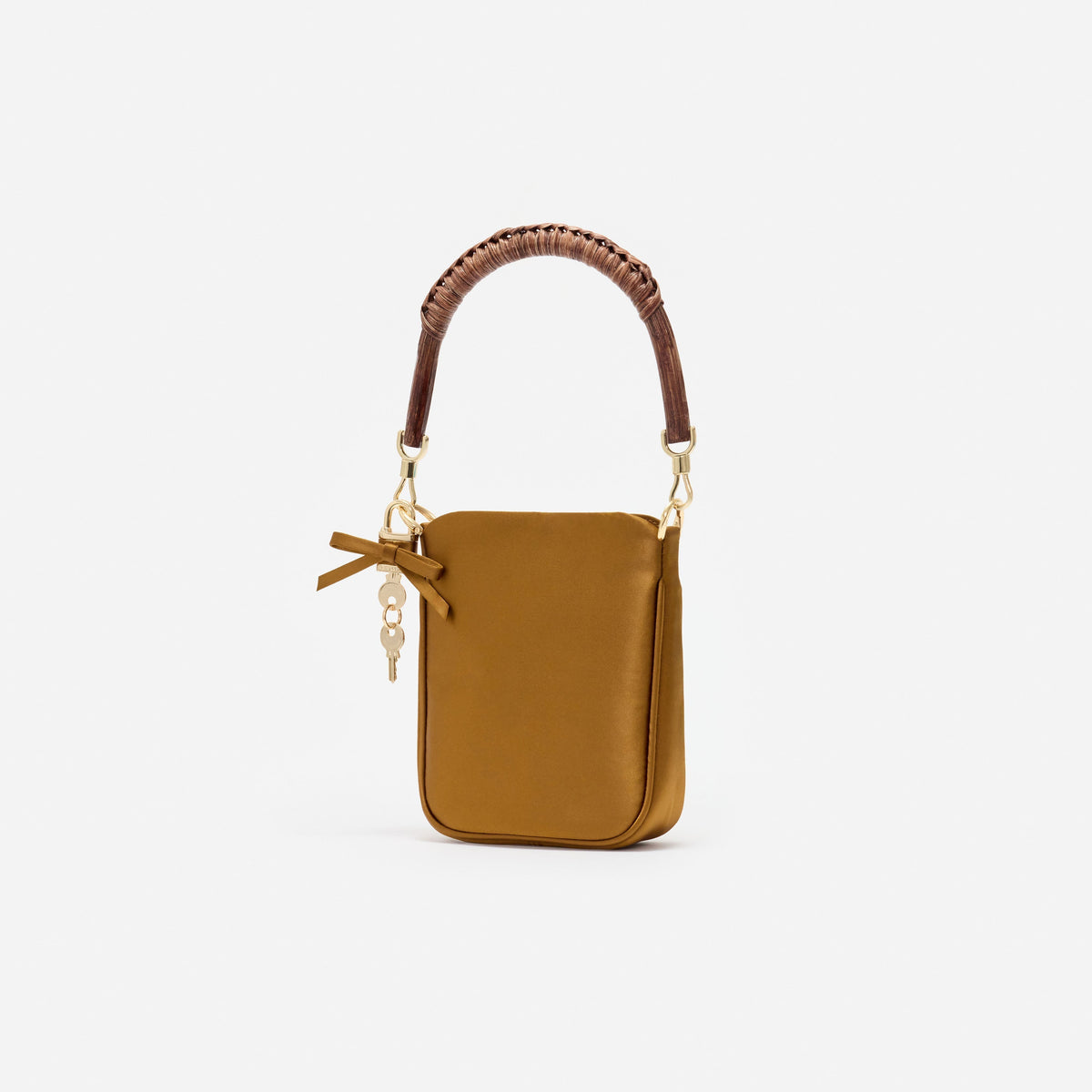 Altın Rengi Saten Kristal Fiyonklu Mini Tote Çanta