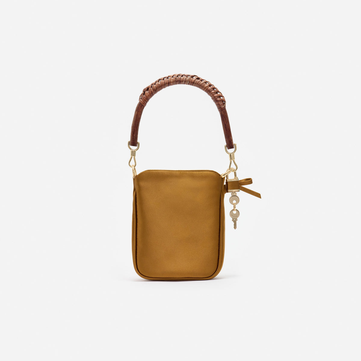 Altın Rengi Saten Kristal Fiyonklu Mini Tote Çanta