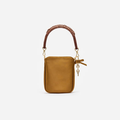 Altın Rengi Saten Kristal Fiyonklu Mini Tote Çanta