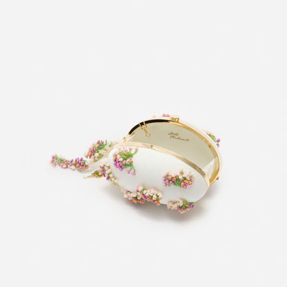 Krem Saten Pembe Çiçek ve Boncuk İşlemeli Oval Portföy Çanta