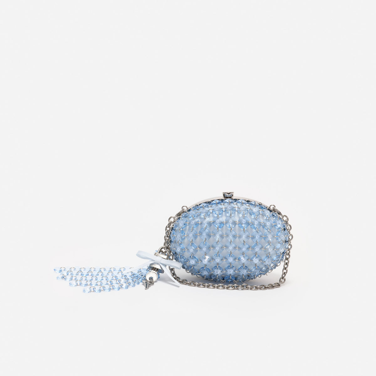 Mavi Kristal ve Fiyonk Detaylı Oval Clutch Çanta