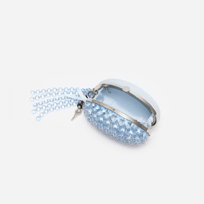 Mavi Kristal ve Fiyonk Detaylı Oval Clutch Çanta