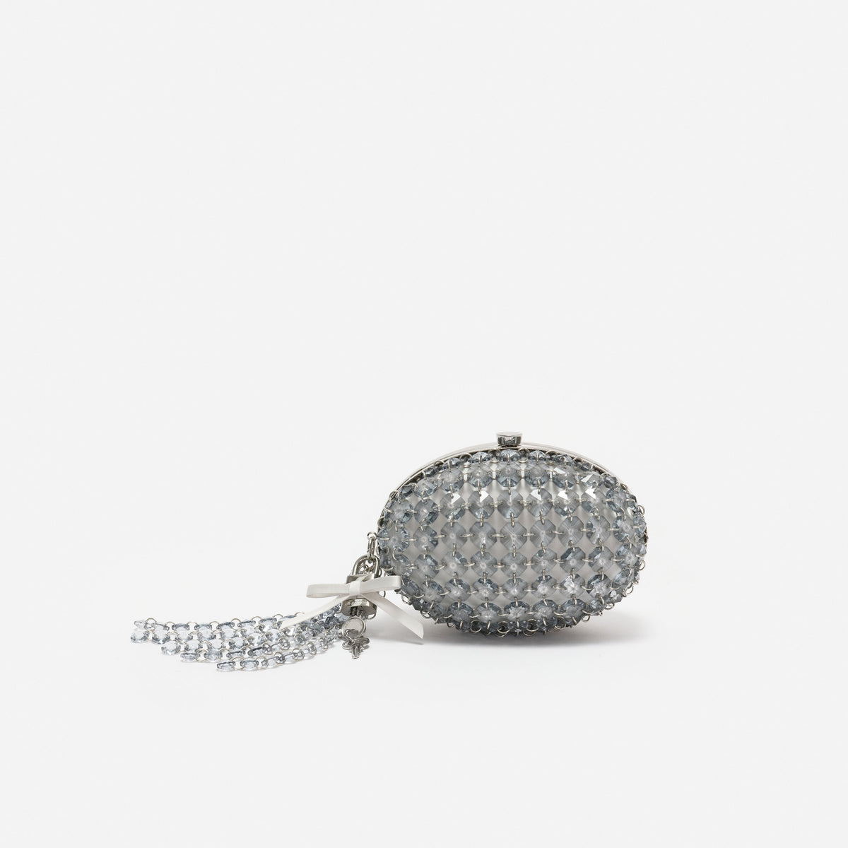 Gri Kristal ve Fiyonk Detaylı Oval Clutch Çanta