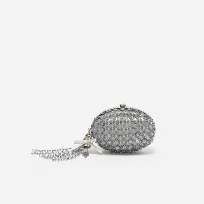 Gri Kristal ve Fiyonk Detaylı Oval Clutch Çanta